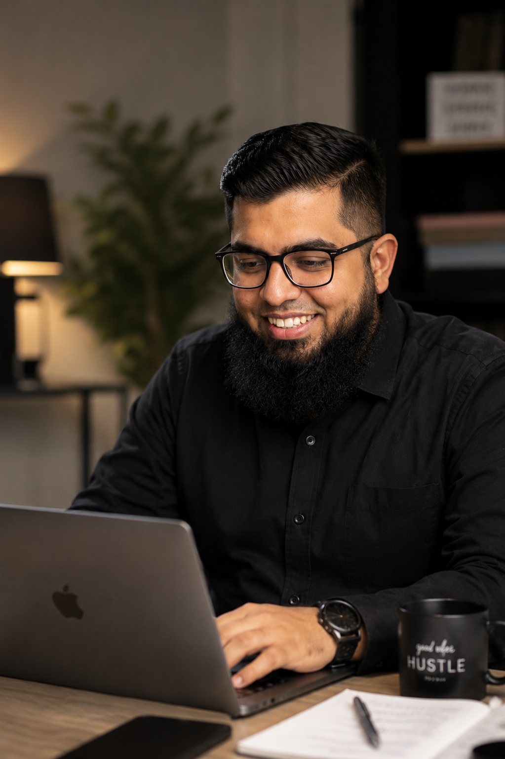 Wajahat Khalid, founder of Marshall Bookkeeping Services, working at his laptop